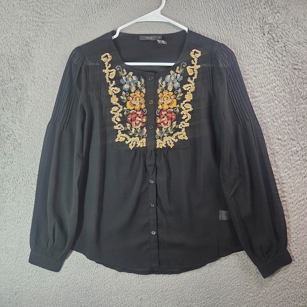 THML‎ Floral Embroidered Top Women XS Semi Sheer Long Sleeve Black Event Office